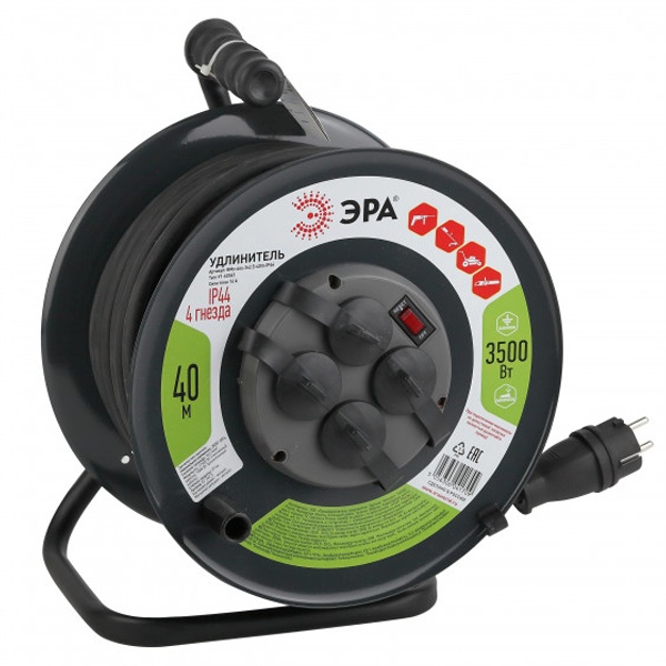 Удлинитель силовой ЭРА RMx-4es-3x2.5-40m-IP44(KG) на металлической катушке c/з 4 гн 40м КГ 3х2.5