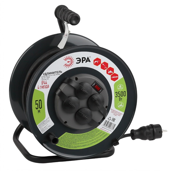 Удлинитель силовой ЭРА RMx-4es-3x1.5-50m-IP44(KG) на металлической катушке c/з 4 гн 50м КГ 3х1.5