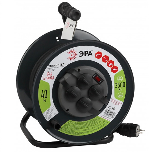 Удлинитель силовой ЭРА RMx-4es-3x1.5-40m-IP44(KG) на металлической катушке c/з 4 гн 40м КГ 3х1.5