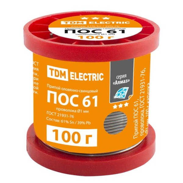 Припой TDM ПОС 61, проволока d1 мм, 100 г, ГОСТ 21931-76, серия Алмаз