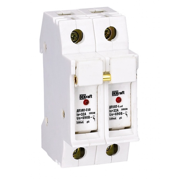 Держатель DEKraft ДП102 для предохранителей C10(10x38мм) 2P до 32А со светодиодной индикацией