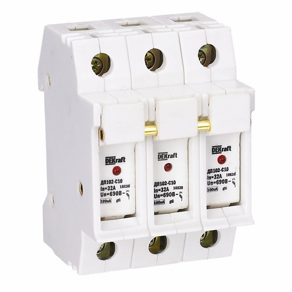 Держатель DEKraft ДП102 для предохранителей C10(10x38мм) 3P до 32А со светодиодной индикацией