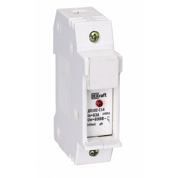 Держатель DEKraft ДП102 для предохранителей C14(14x51мм) 1P до 64А со светодиодной индикацией