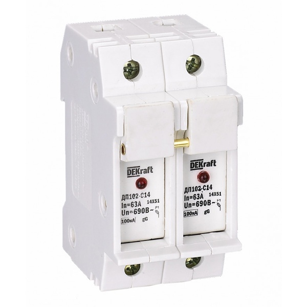 Держатель DEKraft ДП102 для предохранителей C14(14x51мм) 2P до 64А со светодиодной индикацией