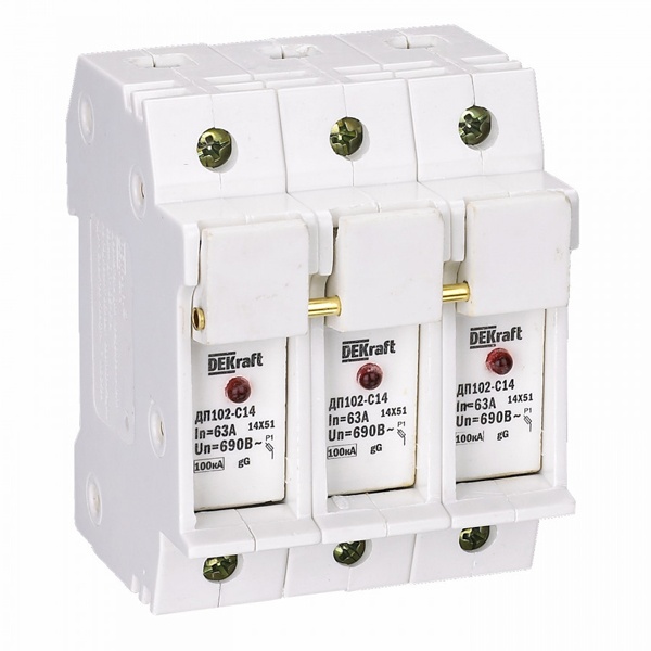 Держатель DEKraft ДП102 для предохранителей C14(14x51мм) 3P до 64А со светодиодной индикацией