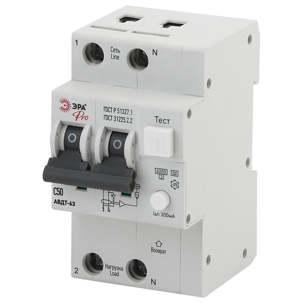 Дифавтомат ЭРА 1П+Н С63А 300мА тип A однофазный электронный 6кА АВДТ-63 (NO-902-17) (дифференциальный автомат, АВДТ)