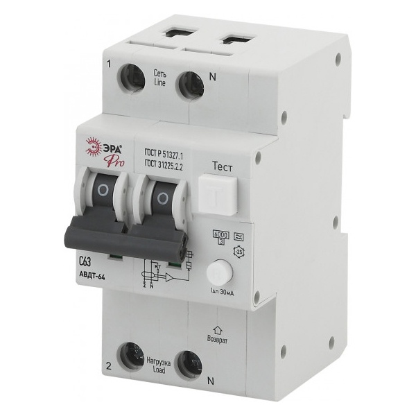 Дифавтомат ЭРА 1П+Н С63А 30мА тип A однофазный электронный 6кА АВДТ-64 (NO-902-02) (дифференциальный автомат, АВДТ)