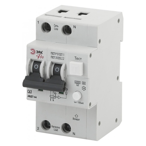 Дифавтомат ЭРА 1П+Н С63А 100мА тип A однофазный электронный 6кА АВДТ-64 (NO-902-21) (дифференциальный автомат, АВДТ)