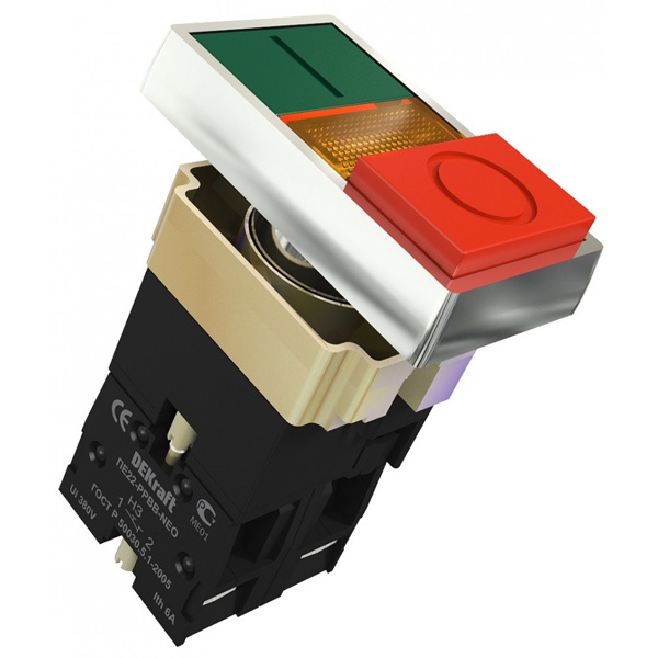 Выключатель кнопочный DEKraft двойной I-O 22 мм зеленый-красный подсветка 1НО+1НЗ