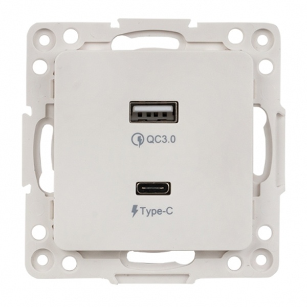 Механизм зарядной розетки EKF 2хUSB тип А и С 2,1А Стокгольм белый