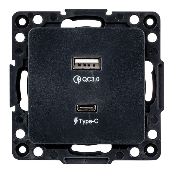 Механизм зарядной розетки EKF 2хUSB тип А и С 2,1А Стокгольм черный