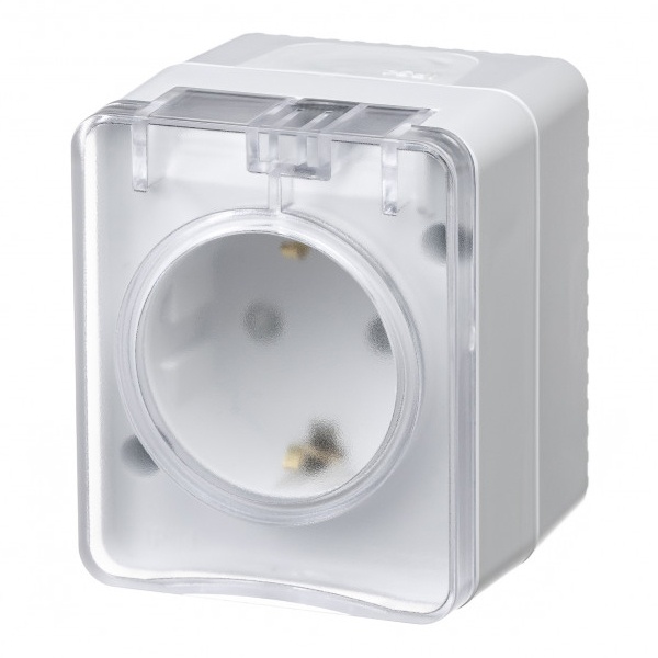 Розетка SE AtlasDesign 2П+3 со шторками открытой установки Profi54 16А 250В IP54 белый