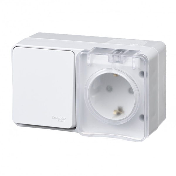 Блок: розетка SE AtlasDesign 2П+3 шторки 16А + 1-к выкл. 10A открытой установки Profi54 IP54 белый