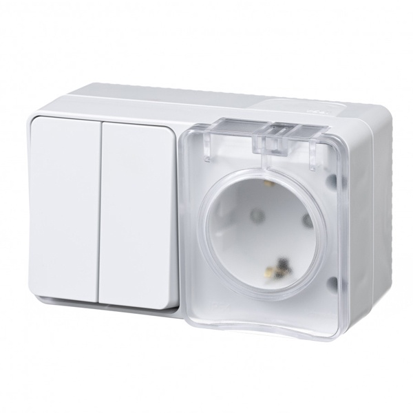 Блок: розетка SE AtlasDesign 2П+3 шторки 16А + 2-к выкл. 10A открытой установки Profi54 IP54 белый