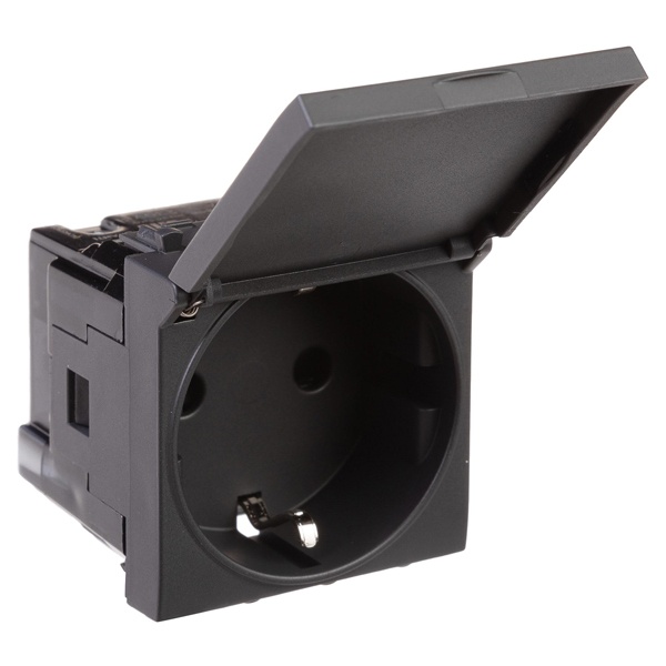 Розетка с крышкой 2P+E с защитными шторками модульная DKC Avanti, черный матовый, 2 модуля