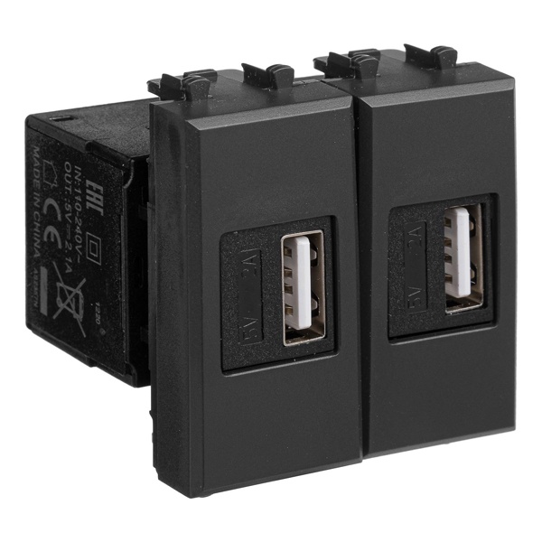 USB зарядное устройство модульное DKC Avanti 2,1А 2 разъема тип А, черный матовый, 2 модуля