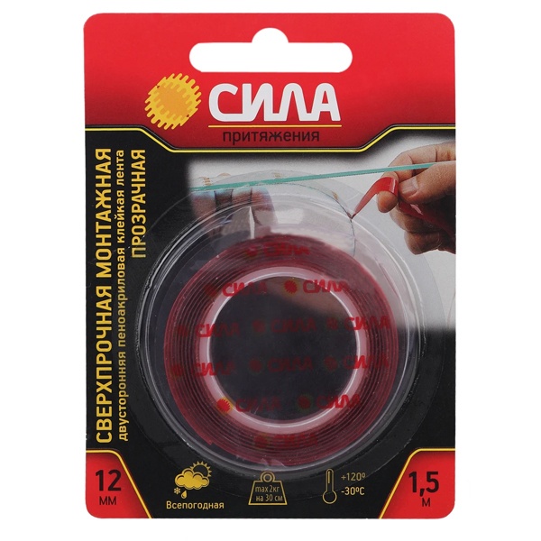 Монтажная лента Сила Сверхпрочная двусторонняя пеноакриловая 12ммх1,5м прозрачная SDST-1215TR