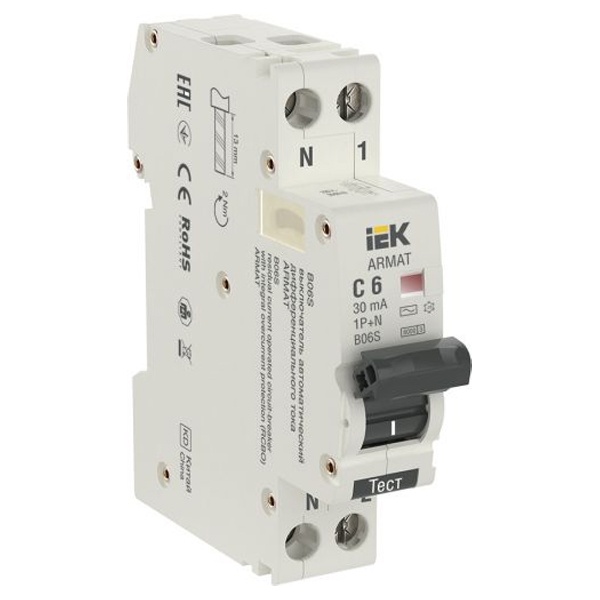 Дифференциальный автомат ИЭК ARMAT B06S 1P+N C6А 30мА тип АС однофазный электронный 6кА 1 модуль (дифавтомат, АВДТ)