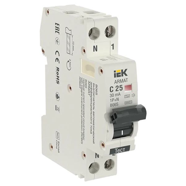 Дифференциальный автомат ИЭК  ARMAT B06S 1P+N C25А 30мА тип А однофазный электронный 6кА 1 модуль (дифавтомат, АВДТ)