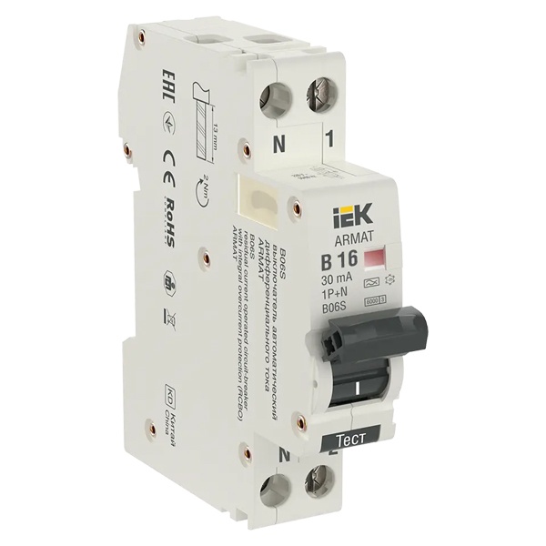 Дифференциальный автомат ИЭК  ARMAT B06S 1P+N В16А 30мА тип А однофазный электронный 6кА 1 модуль (дифавтомат, АВДТ)