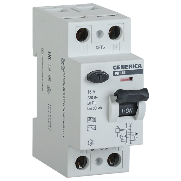 УЗО Generica (ИЭК) ВД1-63 2Р 16А 30мА тип AC (ВДТ)