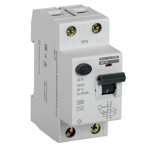 УЗО Generica (ИЭК) ВД1-63 2Р 40А 30мА тип AC (ВДТ)