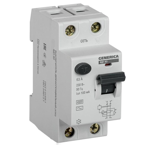 УЗО Generica (ИЭК) ВД1-63 2Р 63А 30мА тип AC (ВДТ)