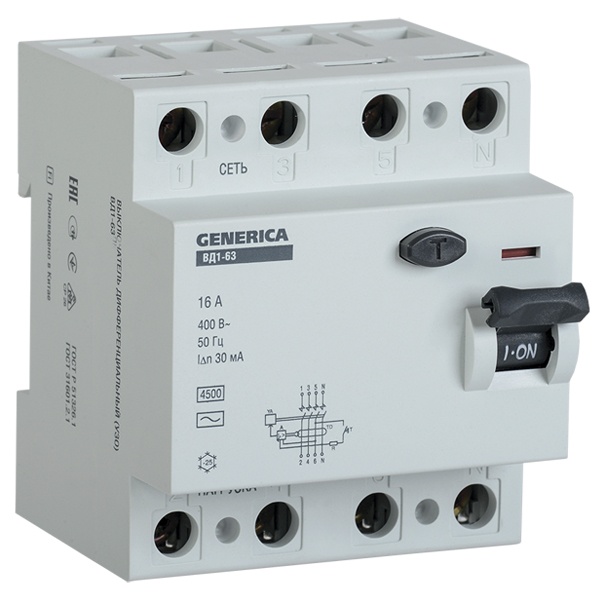 УЗО Generica (ИЭК) ВД1-63 4Р 16А 30мА тип AC (ВДТ)
