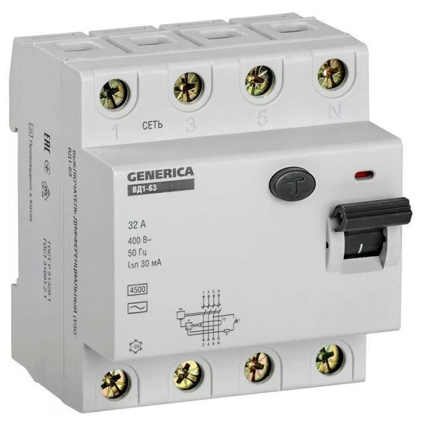 УЗО Generica (ИЭК) ВД1-63 4Р 32А 30мА тип AC (ВДТ)