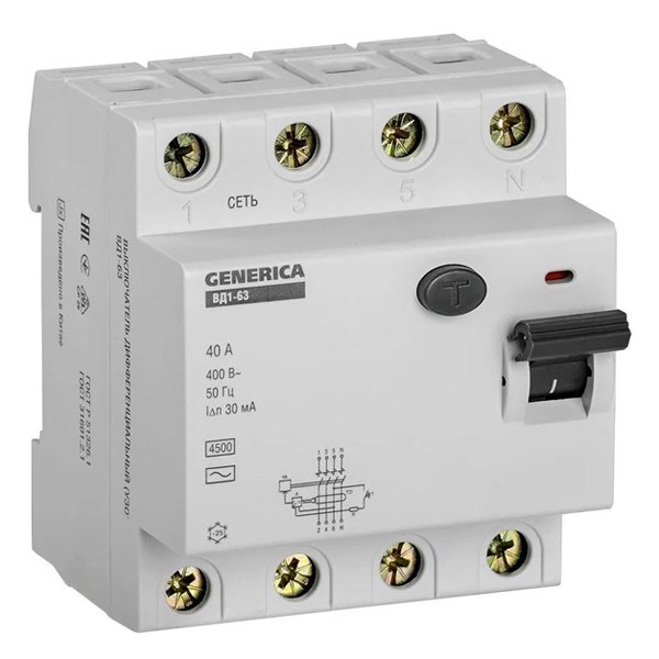 УЗО Generica (ИЭК) ВД1-63 4Р 40А 30мА тип AC (ВДТ)