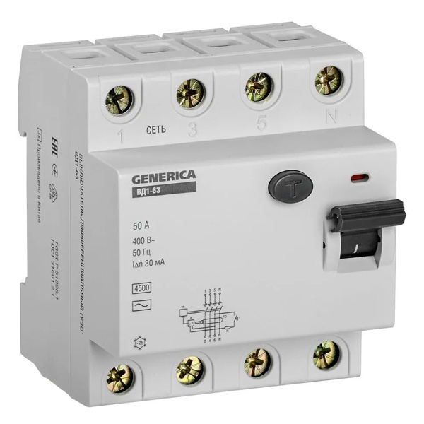 УЗО Generica (ИЭК) ВД1-63 4Р 50А 30мА тип AC (ВДТ)