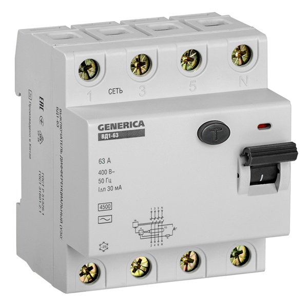 УЗО Generica (ИЭК) ВД1-63 4Р 63А 30мА тип AC (ВДТ)