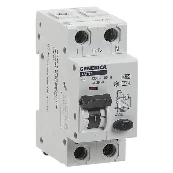 Дифференциальный автомат Generica (ИЭК) АВДТ32 1П+Н C6А 30мА тип АС однофазный электронный 4,5кА (дифавтомат, АВДТ)