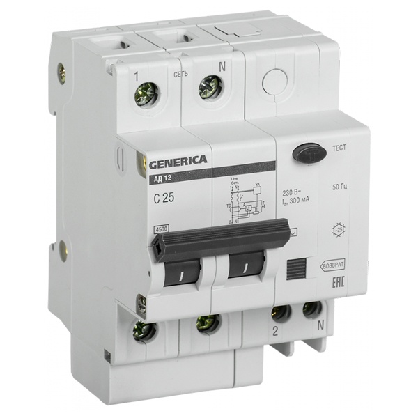 Дифференциальный автомат Generica (ИЭК) АД12 2П C25А 300мА тип АС однофазный электронный 4,5кА (дифавтомат, АВДТ)