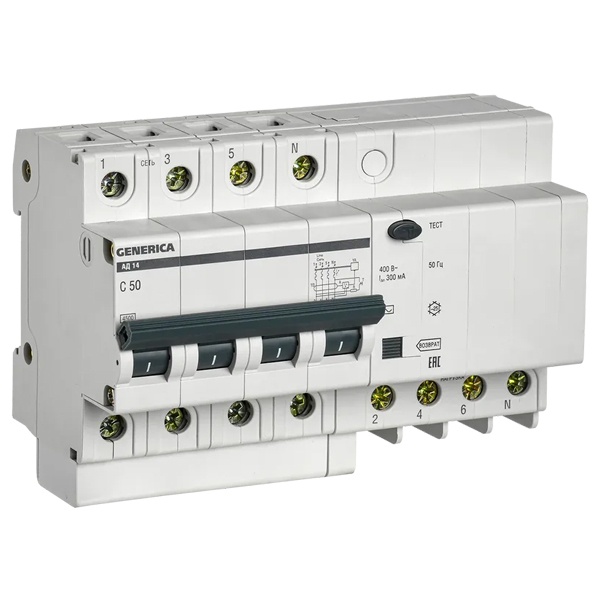 Дифференциальный автомат Generica (ИЭК) АД14 4П C50А 300мА тип АС трехфазный электронный 4,5кА (дифавтомат, АВДТ)
