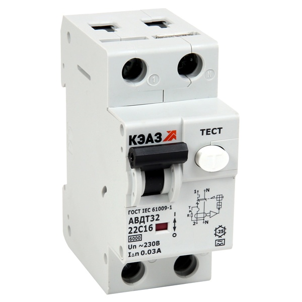 Дифавтомат КЭАЗ АВДТ32-22C16-A-УХЛ4 2П С16А 30мА тип А однофазный электронный 6кА (дифференциальный автомат, АВДТ)