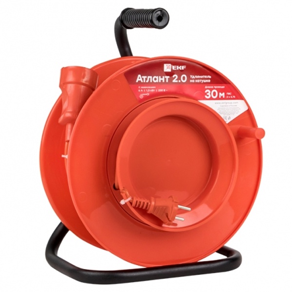 Удлинитель на катушке EKF PROxima Атлант 2.0, 1 гнездо 30м без заземления ПВС 2*1 10А/2,2кВт