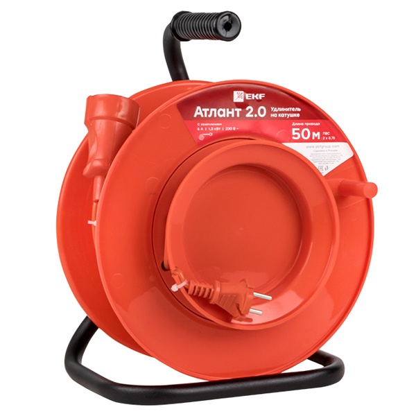 Удлинитель на катушке EKF PROxima Атлант 2.0, 1 гнездо 50м без заземления ПВС 2*1 10А/2,2кВт