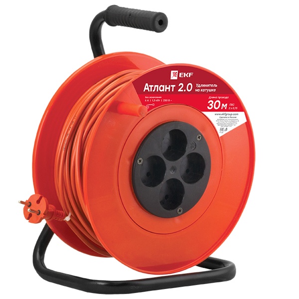 Удлинитель на катушке EKF PROxima Атлант 2.0, 4 гнезда 30м без заземления ПВС 2*0,75 6А/1,3кВт