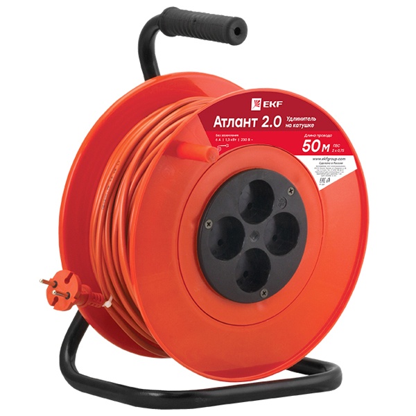 Удлинитель на катушке EKF PROxima Атлант 2.0, 4 гнезда 50м без заземления ПВС 2*0,75 6А/1,3кВт