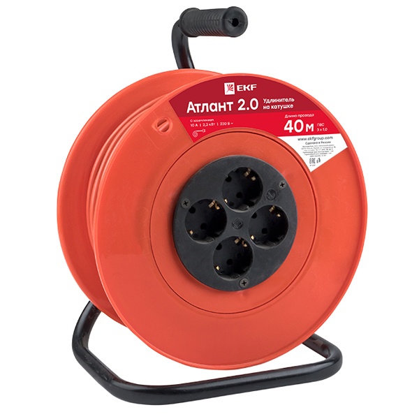 Удлинитель на катушке EKF PROxima Атлант 2.0, 4 гнезда 40м с заземлением ПВС 3*1,0 10А/2,2кВт
