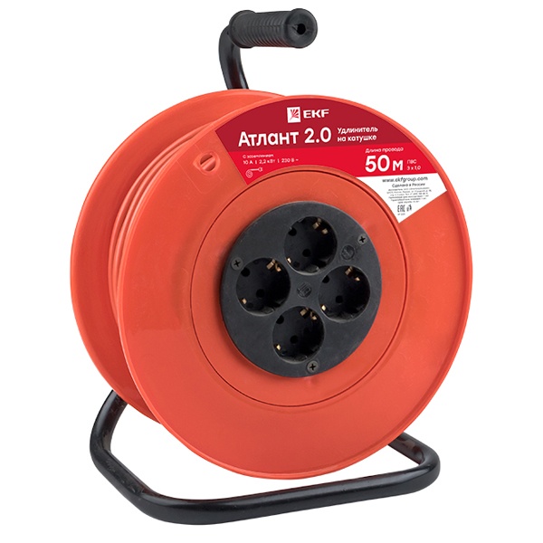 Удлинитель на катушке EKF PROxima Атлант 2.0, 4 гнезда 50м с заземлением ПВС 3*1,0 10А/2,2кВт