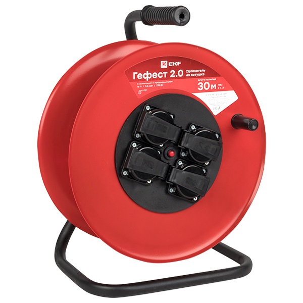 Удлинитель на катушке EKF Гефест 2.0, 4 гнезда с/з 30м предохранитель ПВС 3*1,5 16А/3,5кВт IP44