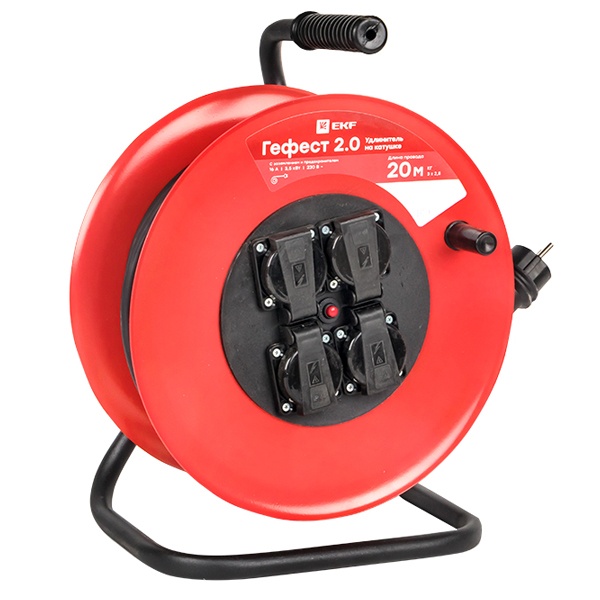 Удлинитель на катушке EKF Гефест 2.0, 4 гнезда с/з 20м предохранитель КГ 3*2,5 16А/3,5кВт IP44