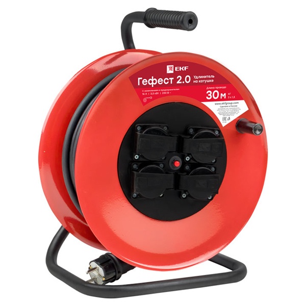 Удлинитель на катушке EKF Гефест 2.0, 4 гнезда с/з 30м предохранитель КГ 3*2,5 16А/3,5кВт IP44