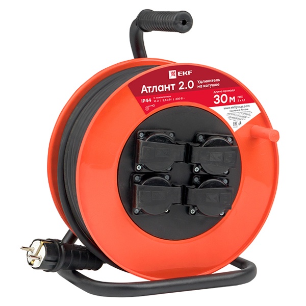 Удлинитель на катушке EKF PROxima Атлант 2.0, 4 гнезда 30м с заземлением ПВС 3*1,5 16А/3,5кВт IP44