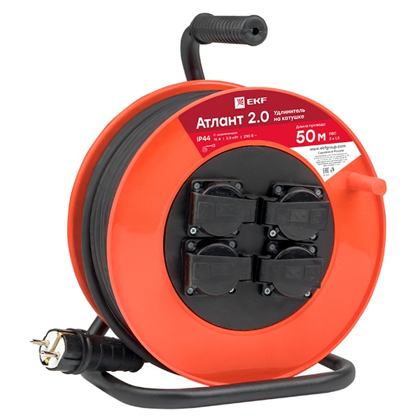 Удлинитель на катушке EKF PROxima Атлант 2.0, 4 гнезда 50м с заземлением ПВС 3*1,5 16А/3,5кВт IP44
