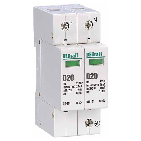 Ограничитель перенапряжений DEKraft ОП-101 1P+N In-10кА Im-20кА класс D(III) 275В