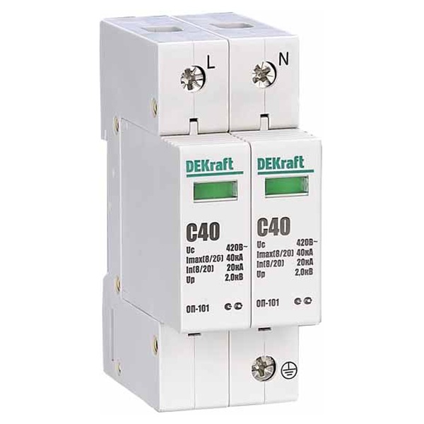 Ограничитель перенапряжений DEKraft ОП-101 1P+N In-20кА Im-40кА класс C(II) 420В