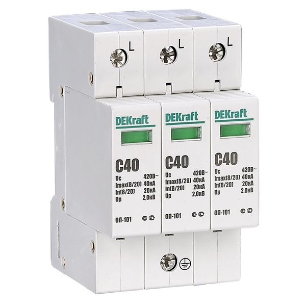 Ограничитель перенапряжений DEKraft ОП-101 3P In-20кА Im-40кА класс C(II) 420В